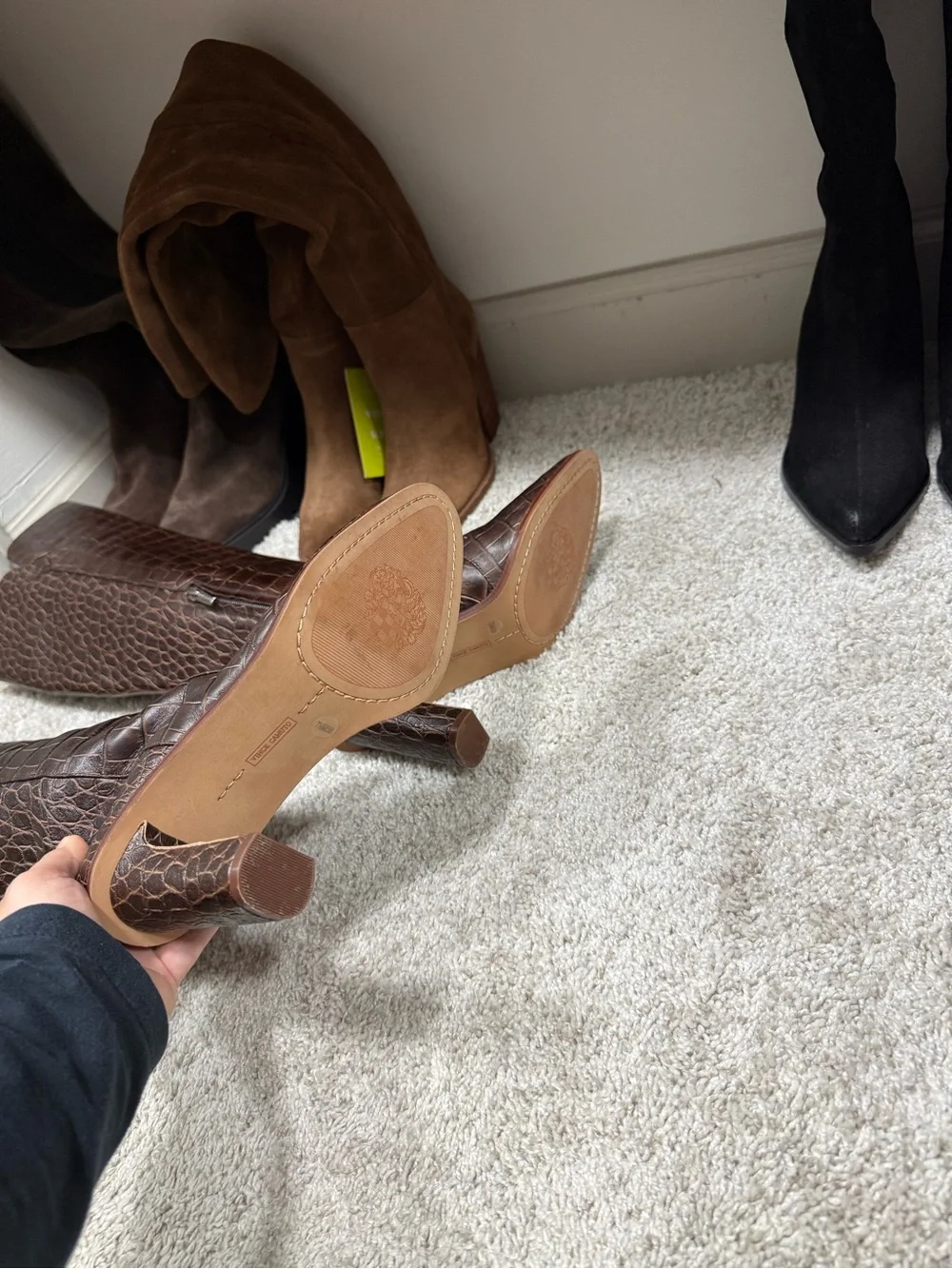 Vince Camuto Dark Brown Croc-Embossed Over-the-Knee Block Heel Boots